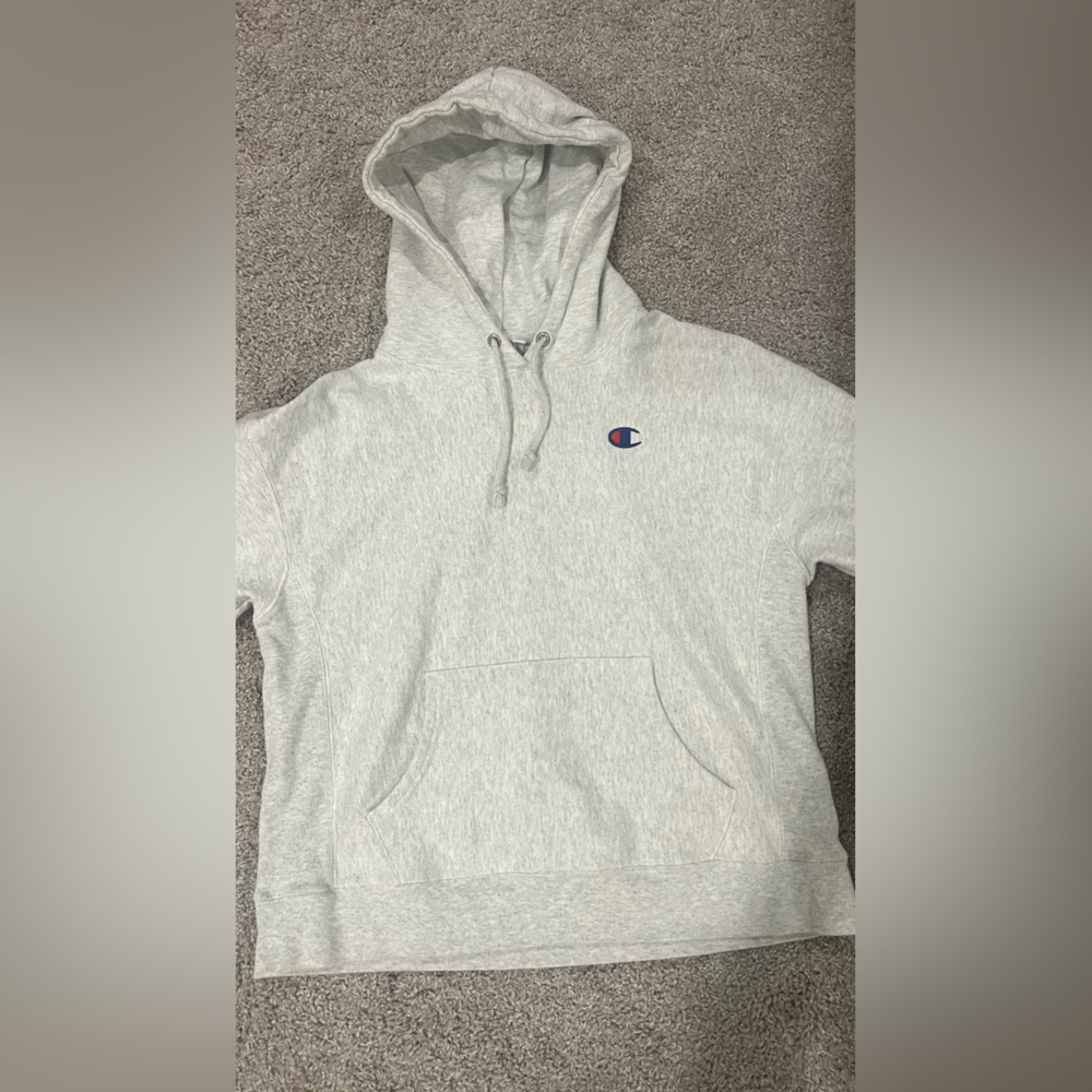 greyish white worn once champion hoodie